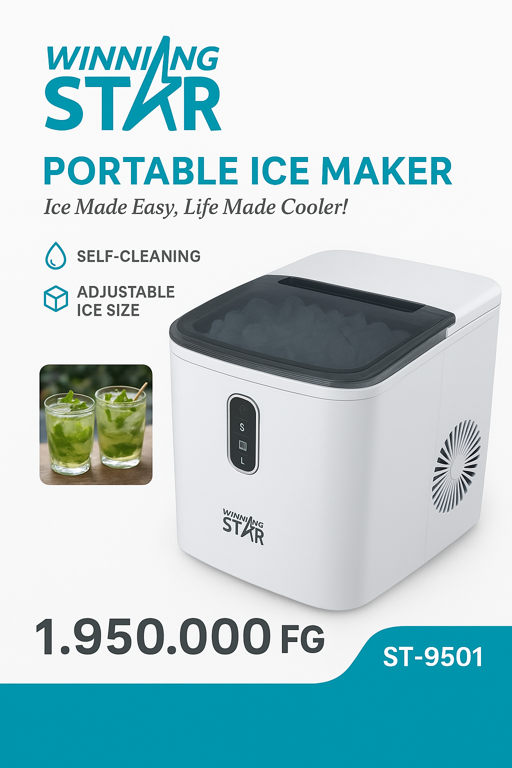 Machine à Glaçons Portable Winning Star ST-9501 – Auto-Nettoyage, Production Rapide, 2 Tailles de Glaçons
