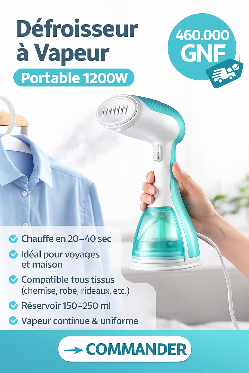 🧺 Défroisseur à Vapeur Portable 1200W – Version Premium
