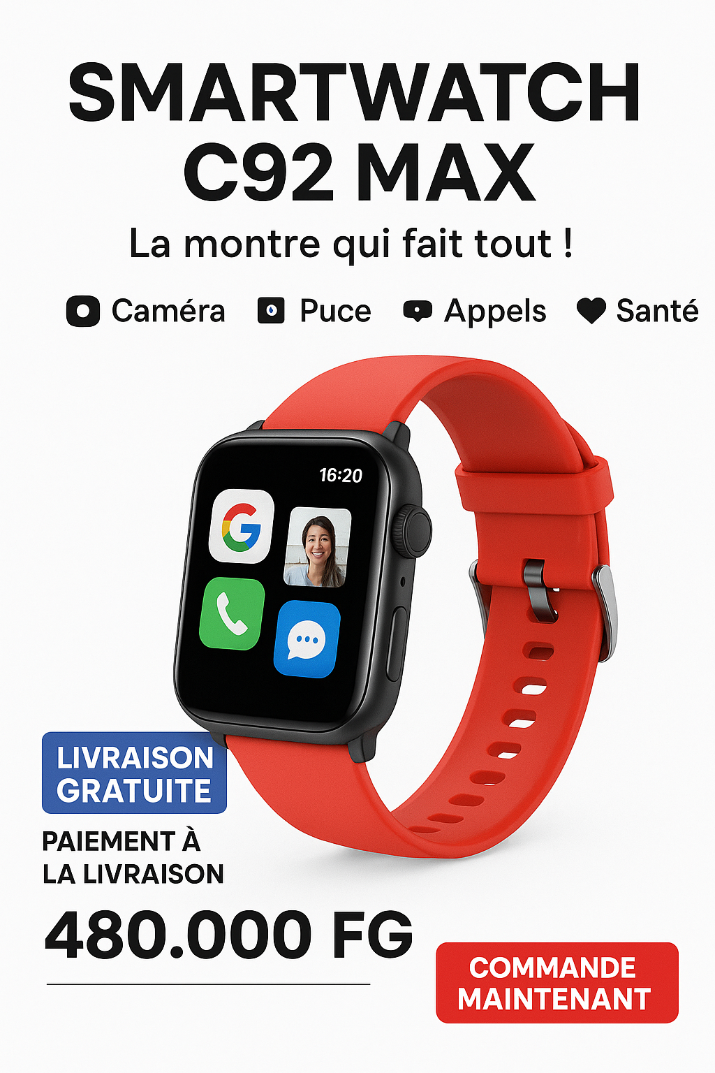 🕒 Smartwatch C92 Max – Connectivité & Style au Poignet